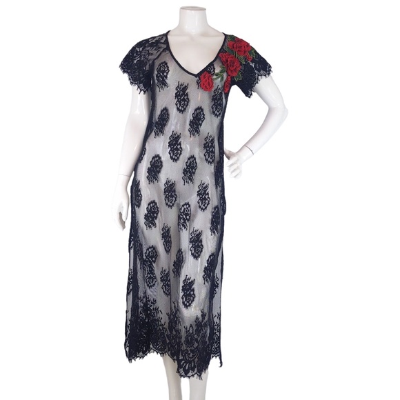 Black Lace Rose Embroidered Bathing Suit Coverup - Picture 1 of 6